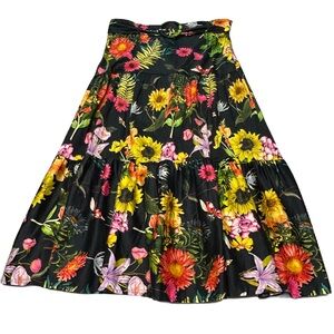 Ina Tiered Floral Maxi‎ Skirt Size L Zip Belted Ruffle Boho Cottage Fairy Scandi
